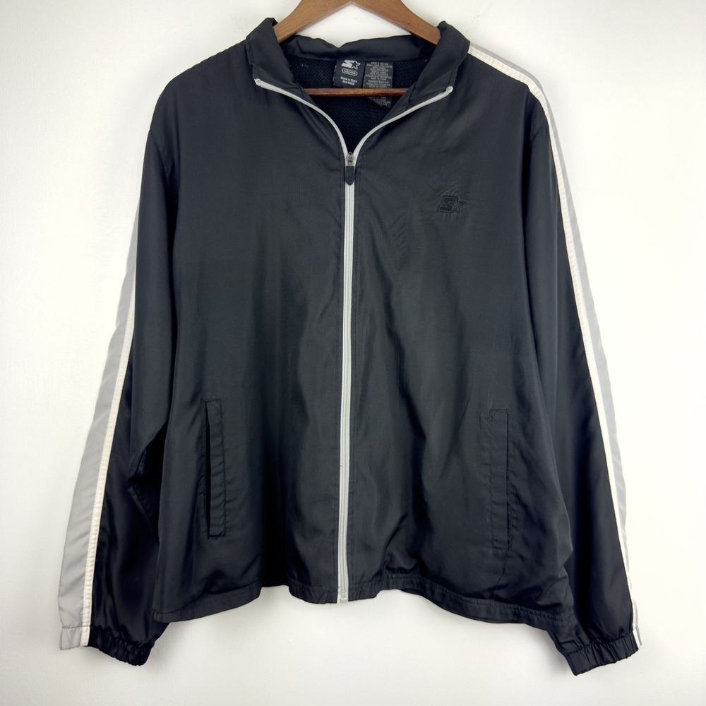 Vintage Starter Track Jacket Men Large Black Gray White Full Zip Windbreaker Y2K